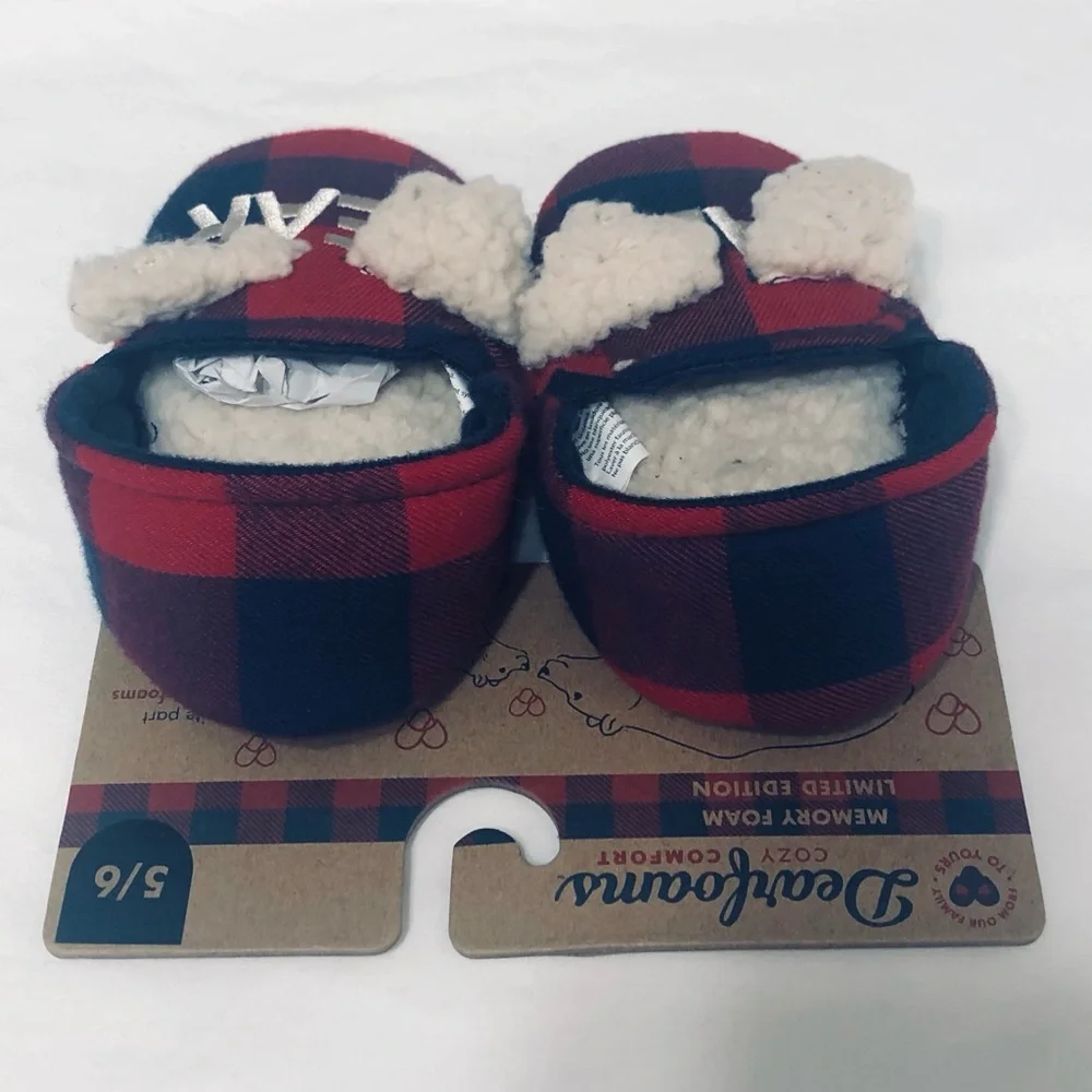 Baby Bear baby’s slipper extra cozy cushioned back closed plaid navy blue.5/6